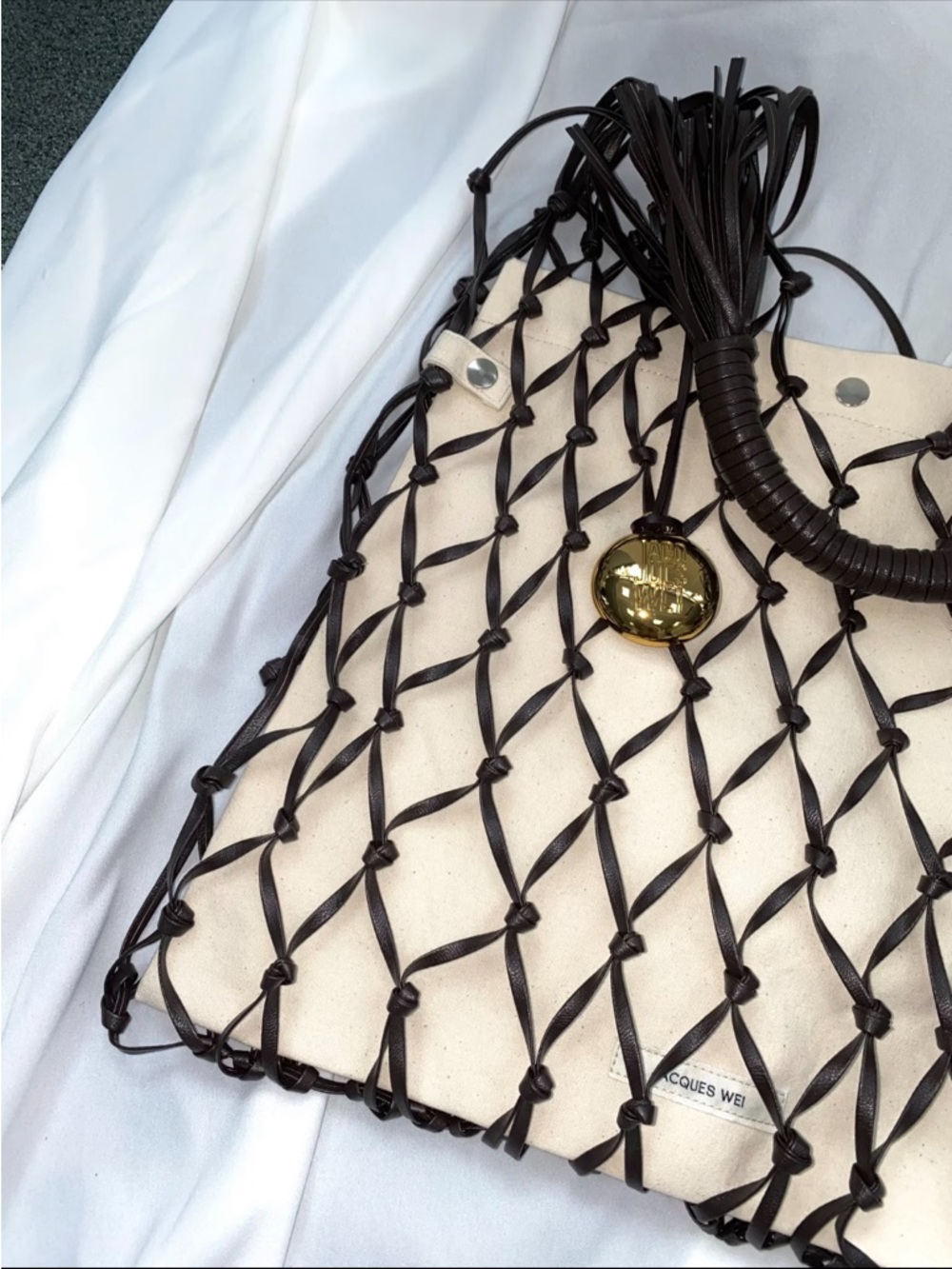 Canvas Tote with Dark Brown Knotted Net Overlay